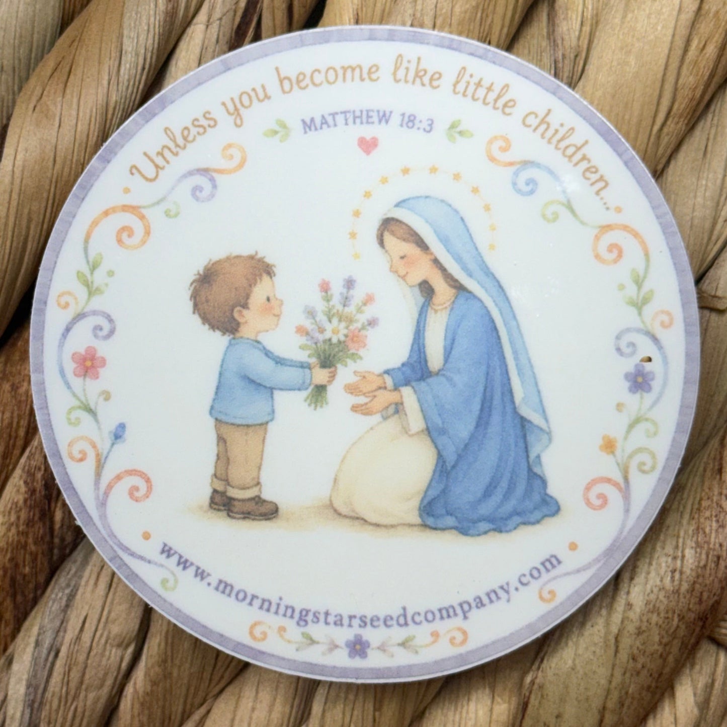 Inspired by the timeless image of the Blessed Virgin Mary, this sticker portrays a child offering flowers to his Heavenly Mother. Paired with Christ's words, "Unless you become like little children" (Matthew 18:3), it reminds us that the simplest acts of love, offered with childlike faith, are precious to 

